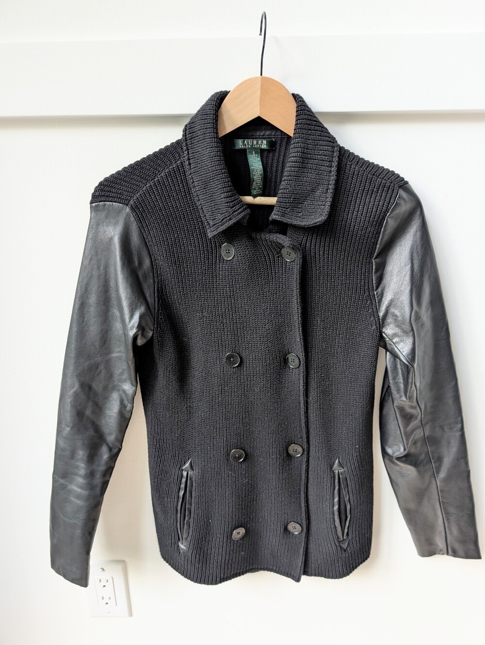 LAUREN Ralph Lauren Black Knit Mixed Media Double Breasted Coat Jacket S